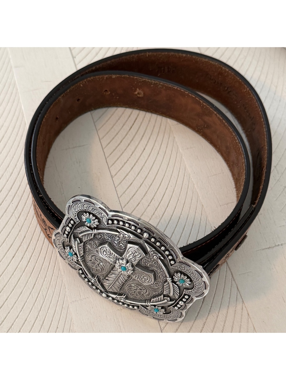 Nocona Western Leather Belt Cowboy Boot Turquoise Buckle Tooled Brown